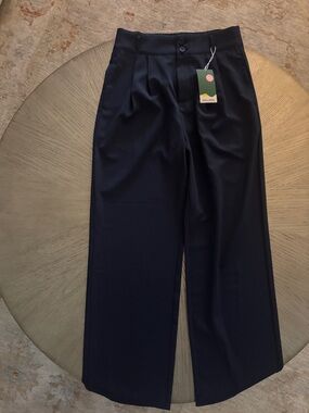 HALARA Women's Navy Pleated Wide-Leg Trousers